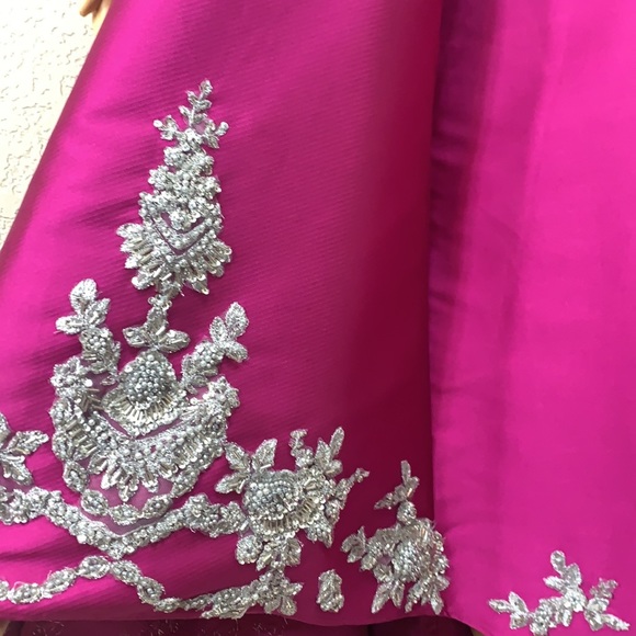 Half Shoulder High Low Fuchsia Evening Gown Size 4 - Picture 8 of 12